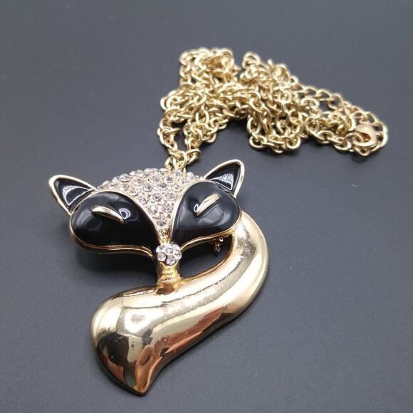 Fox Pendant Brooch Necklace, Black Enamel, Clear Rhinestones, 36" Chain - Picture 7 of 7